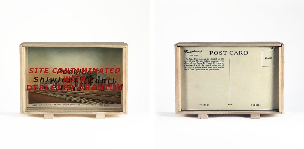 Front and back views of a box containing a vintage postcard depicting a hotel. The image is overlaid with black and red text.