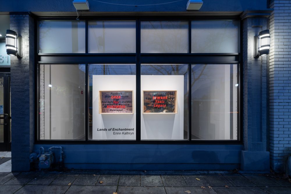 Two large diorama boxes hanging on a wall in a window.