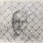 Drawing of a head and two hands behind a fence; the background is filled with writing.