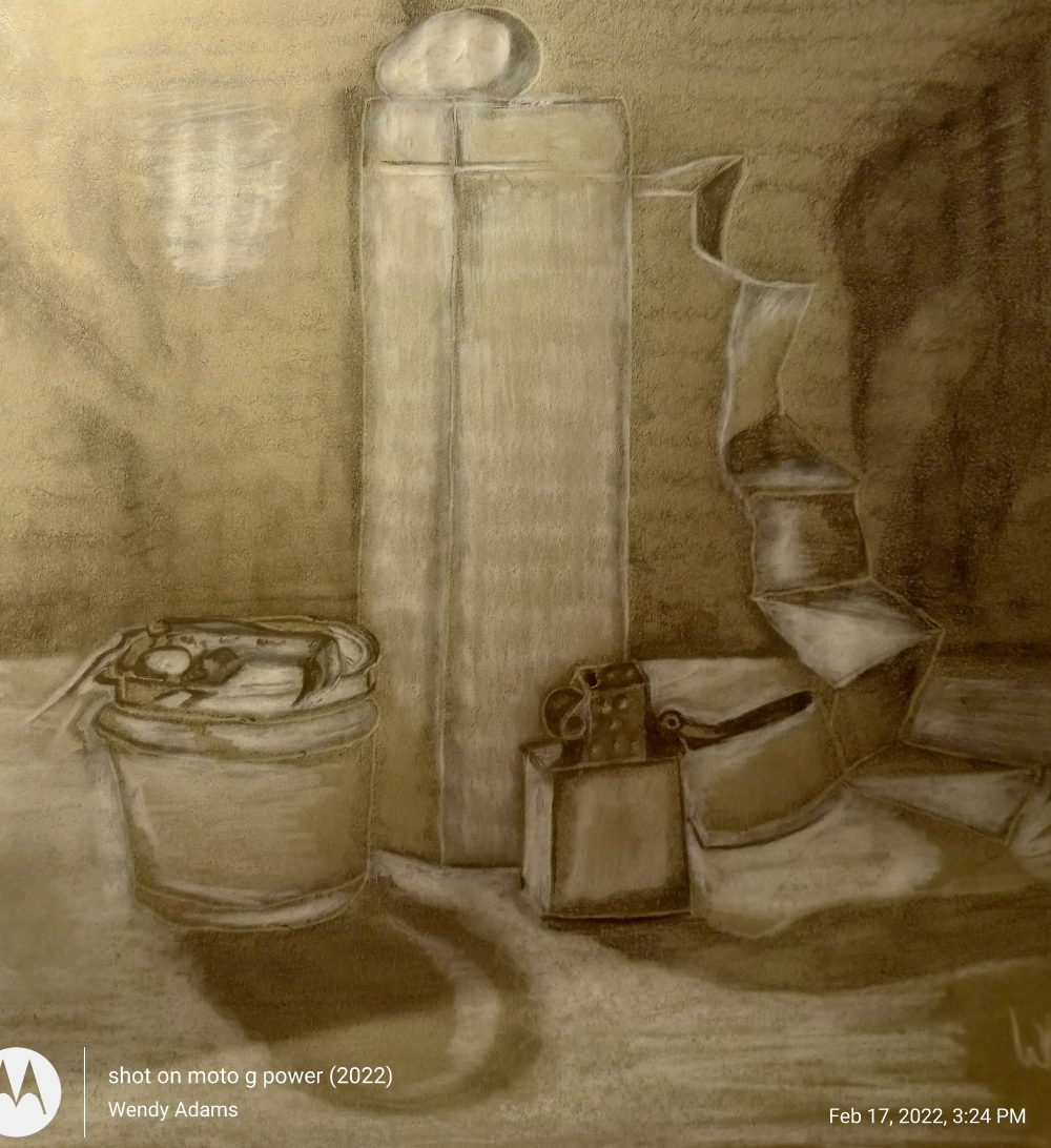 Drawing of still life in graphite pencil.