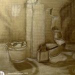 Drawing of still life in graphite pencil.