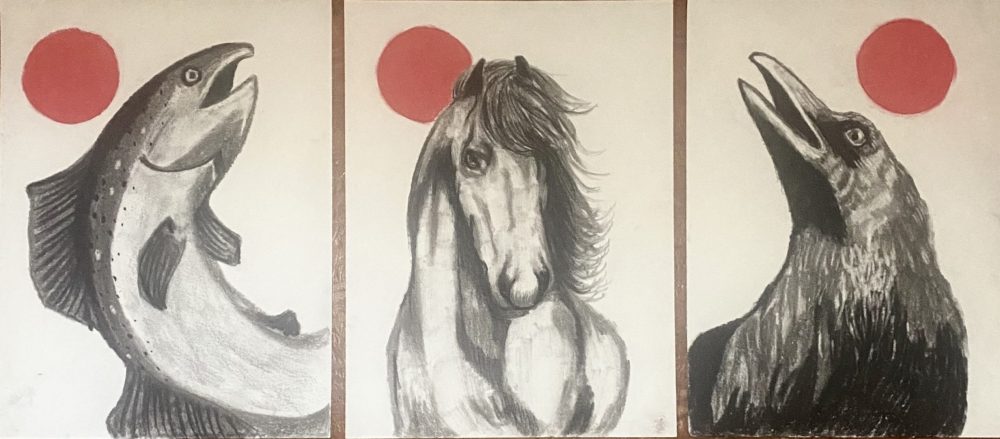 There are three black and white charcoal images of animals, a salmon on the left, a horse in the middle, and a raven on the right. Each are punctuated by a red-orange orb.