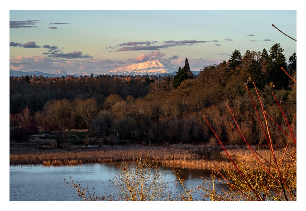 Landscape photograph of a lake of water with two mountains in the background separated by a large amount of space, with birds seen traveling through the scene.