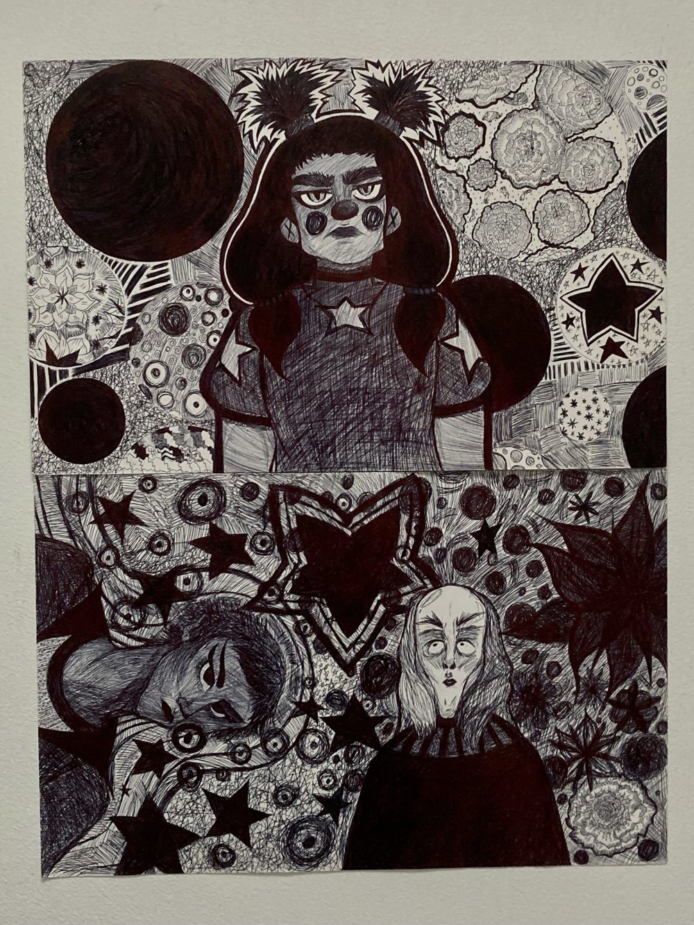 Very detailed piece of meshing patterns featuring three main subjects; two young women and a white gentleman fellow intertwinded in a mess of orbs of darkness and patterns of a typlac sketch warm up.