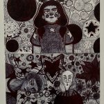 Very detailed piece of meshing patterns featuring three main subjects; two young women and a white gentleman fellow intertwinded in a mess of orbs of darkness and patterns of a typlac sketch warm up.