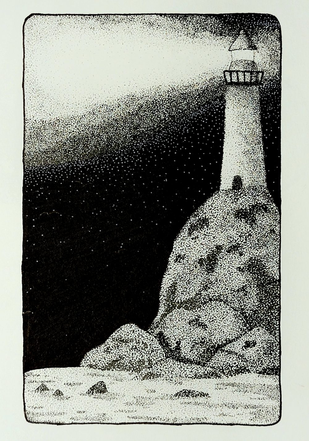A drawing of a lighthouse slicing through the night sky in black ink.