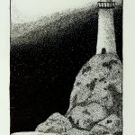 A drawing of a lighthouse slicing through the night sky in black ink.