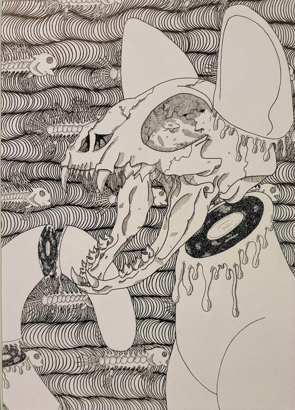 A drawing in black ink of a skull-faced cat in the foreground with a flowing fish skeletons pattern in the background.