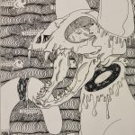 A drawing in black ink of a skull-faced cat in the foreground with a flowing fish skeletons pattern in the background.