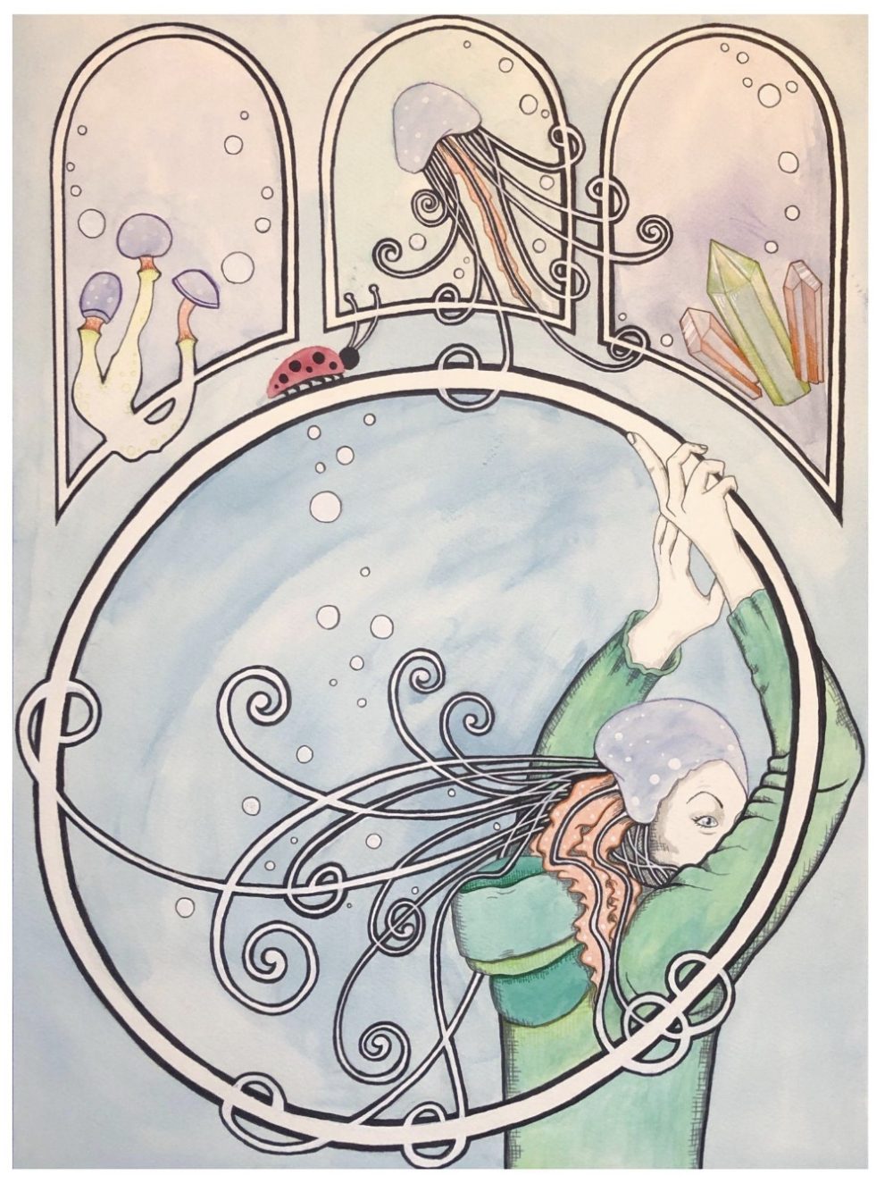 This is a colorful drawing with a very light watercolor color background, the main subject is a woman who is facing away but she's looking to the right so we see just her brilliant blue right eye and arching eyebrow through her raised arms, she's holding a large white negative space circle meant to represent a hula hoop, she's mostly inside the hoop, atop her head is a purple jellyfish with white polka dots, the jellyfish has long tentacles, two of the tentacles are orange and drape down over her sweater, the rest of the tentacles are white, some reach out and coil around the hoop frame, others coil around each other, where the tentacles overlap is only negative space, there are no overlapping lines, above the hoop are three windows framed with negative space white, the bottom of these frames follows the curve of the hoop, the sides run parallel to each other, and the tops of the frames are curved, in the leftmost frame tucked down in the left side of the frame are three mushrooms with purple caps with white polka dots, orange stems under the caps that come to a bulge point and turn yellow, the base of the mushroom uses the same negative space overlapping with the frame as the jellyfish tentacles in the hoop, in the center frame is another jellyfish with tentacles wrapped around it's frame as well as the frame to the right and the hoop below, the right most frame has three crystals tucked into the right side, the center crystal is a pale green, the other two are orange, there are bubbles randomly throughout each of the frames and the hoop, and crawling across the top of the hoop is a ladybug who's antennae also negative space intersect with the bottom of the center frame above it.