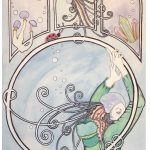 This is a colorful drawing with a very light watercolor color background, the main subject is a woman who is facing away but she's looking to the right so we see just her brilliant blue right eye and arching eyebrow through her raised arms, she's holding a large white negative space circle meant to represent a hula hoop, she's mostly inside the hoop, atop her head is a purple jellyfish with white polka dots, the jellyfish has long tentacles, two of the tentacles are orange and drape down over her sweater, the rest of the tentacles are white, some reach out and coil around the hoop frame, others coil around each other, where the tentacles overlap is only negative space, there are no overlapping lines, above the hoop are three windows framed with negative space white, the bottom of these frames follows the curve of the hoop, the sides run parallel to each other, and the tops of the frames are curved, in the leftmost frame tucked down in the left side of the frame are three mushrooms with purple caps with white polka dots, orange stems under the caps that come to a bulge point and turn yellow, the base of the mushroom uses the same negative space overlapping with the frame as the jellyfish tentacles in the hoop, in the center frame is another jellyfish with tentacles wrapped around it's frame as well as the frame to the right and the hoop below, the right most frame has three crystals tucked into the right side, the center crystal is a pale green, the other two are orange, there are bubbles randomly throughout each of the frames and the hoop, and crawling across the top of the hoop is a ladybug who's antennae also negative space intersect with the bottom of the center frame above it.