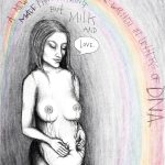 The video begins with a panning shot of a 2-D drawing of a woman, she is looking down with a tear in hear eye, there is writing above her, superimposed atop a rainbow, which is the only color in the drawing, the handwriting says "A new story never told before written in letters of DNA, made from nothing but milk and love", the word love is in a comic book speech bubble from the woman, as the camera pans down we see that she has a bare chest and milk is streaming from her nipples and down her empty belly, which she is clutching the sagging skin from, video fades to black, same image is shown again, this time zoomed out, and the words and rainbow are animated, video fades to black, image of just the woman reappears, zoomed in, the sketch has been cleaned up and the drawing is cleaner, the beginning of the milk animation starts, and it streams down her breasts onto her belly, video fades to black, now it's a zoomed out shot of the artist working on the animation on an ipad, the animation runs a few times, and then the artist adjusts the frame rate and the animation slows down, video fades to black, the final cleaned up, zoomed out animation is now shown, the text appears as the milk flows, video fades out to a final slow zoomed in panning shot of the final still that fades out with the music.