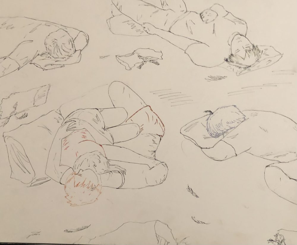 Figured asleep on the floor amidst the carnage of a pillow fight.