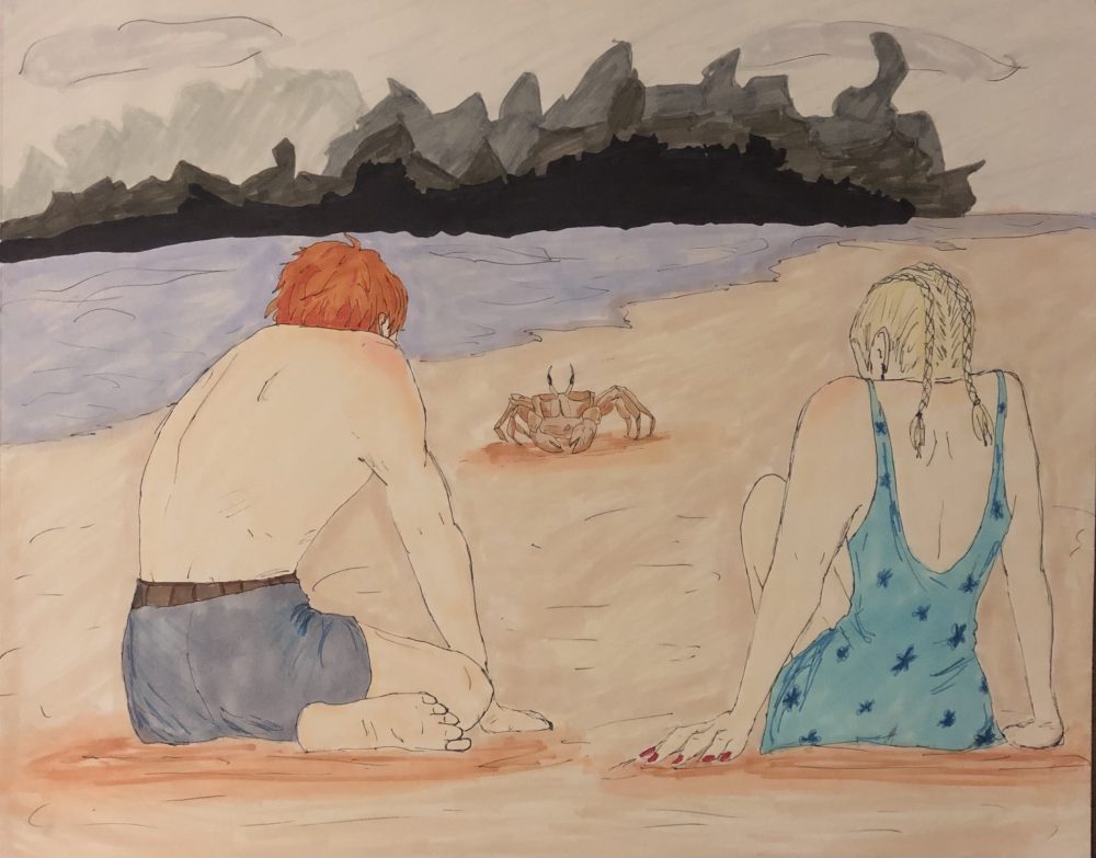 A couple sitting on the beach looking at a crab.