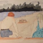 A couple sitting on the beach looking at a crab.