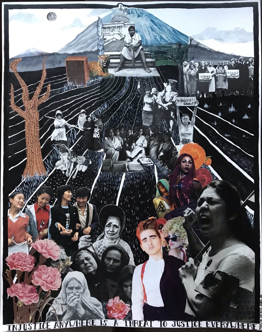 Mixed-media artwork displaying a diverse group of female-identifying individuals and their struggle to overcome injustice.