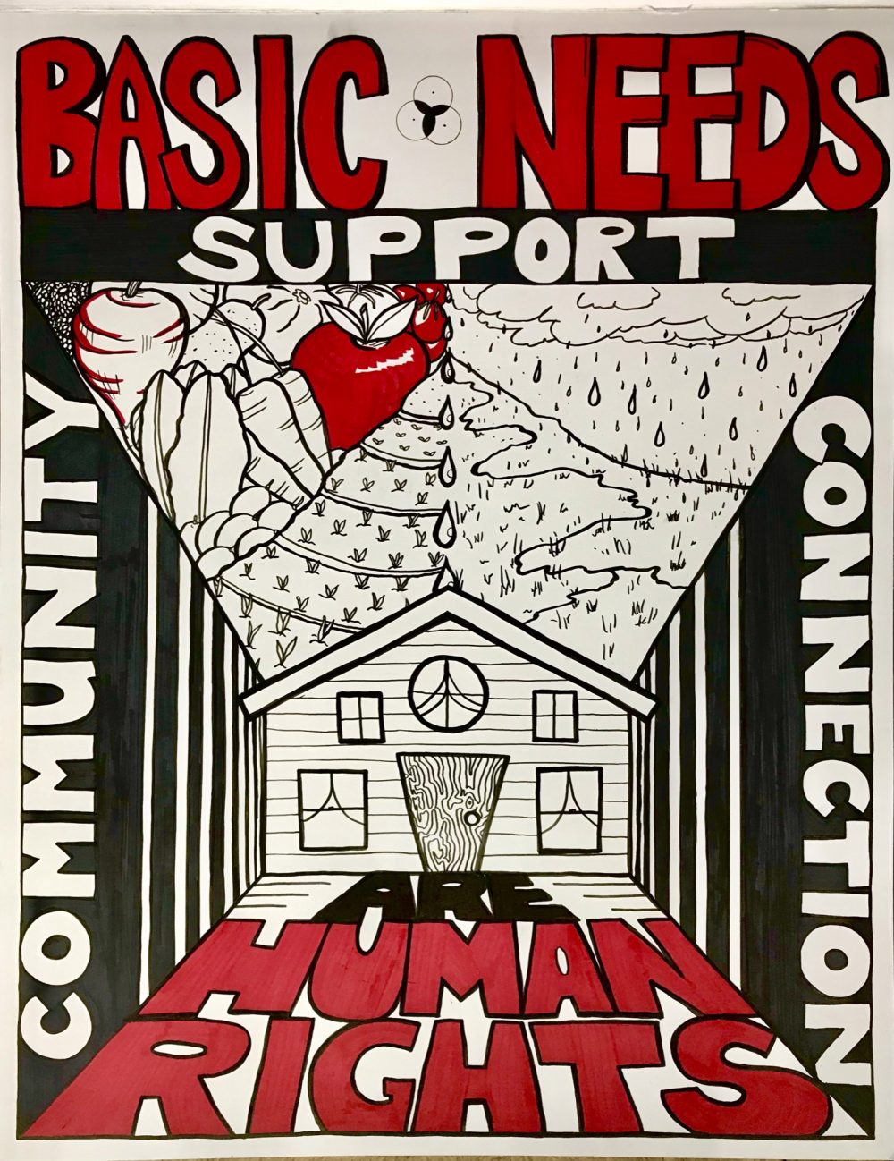 The message reads “Basic Needs are Human Rights”, food, a home, and natural water is depicted with black marker with the words “Community, Support, Connection” surrounding it.