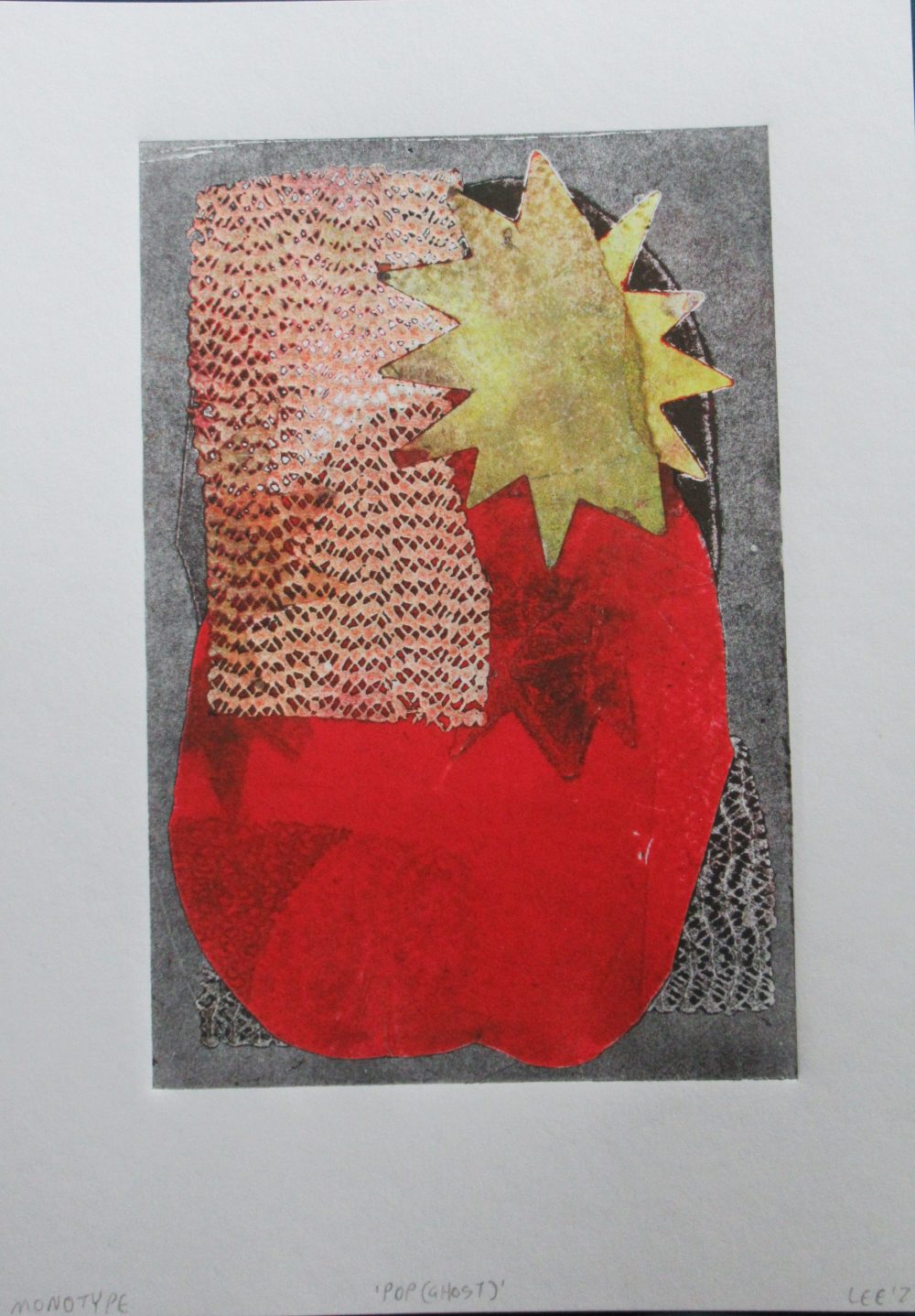 A print with a faded black background, a red circle, faded orange sponge-like texture, and yellow star-like shape. The 3 shapes have black shadows scattered around the area.