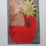 A print with a faded black background, a red circle, faded orange sponge-like texture, and yellow star-like shape. The 3 shapes have black shadows scattered around the area.