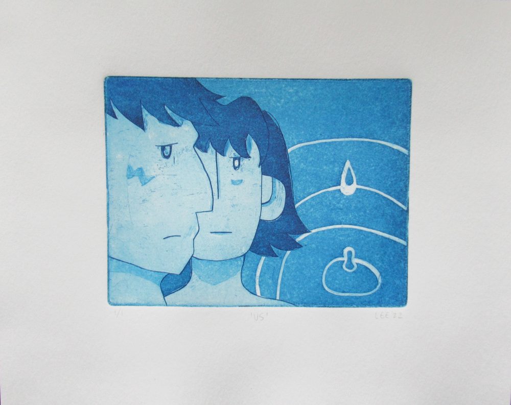 In blue ink, a masc profile gazes to the right with a femme person behind them, overlapping along the nose. On the right side a drop of water creates ripples in the background.