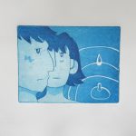 In blue ink, a masc profile gazes to the right with a femme person behind them, overlapping along the nose. On the right side a drop of water creates ripples in the background.