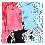 An ink and watercolor dual portrait of two women leaning into one another while their eyes are closed, in a moment just before they kiss. One woman is painted in vibrant red, and is tilted up towards a woman who is painted in light blue.