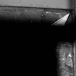 Shadow cast upon an industrial plywood wall tattered with torn paper and degraded paint.