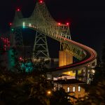 The Astoria-Megler bridge at night with light trails.