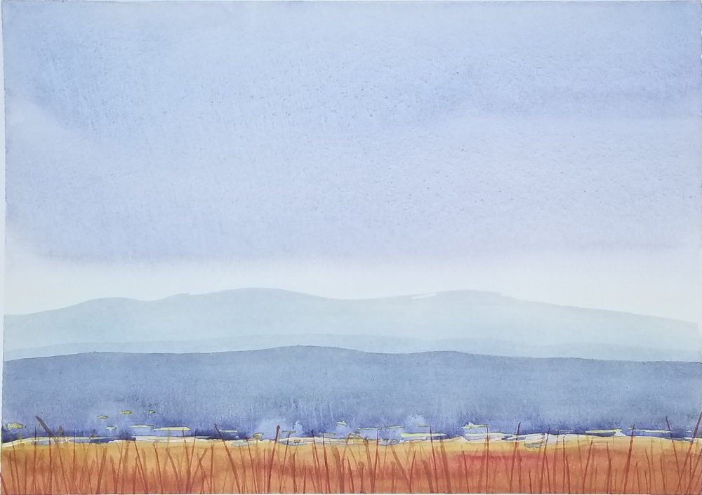 A watercolor painting with blocks of purple starting with light values that transition to a dark purple, and lastly orange, the blocks of color are mountains, representing what you would see if looking from a high vantage point from a distance, the sky is stormy and the storm cuts off at the horizon barely touching the tops of the mountains. The water has run down the paper a bit causing slight gradation.