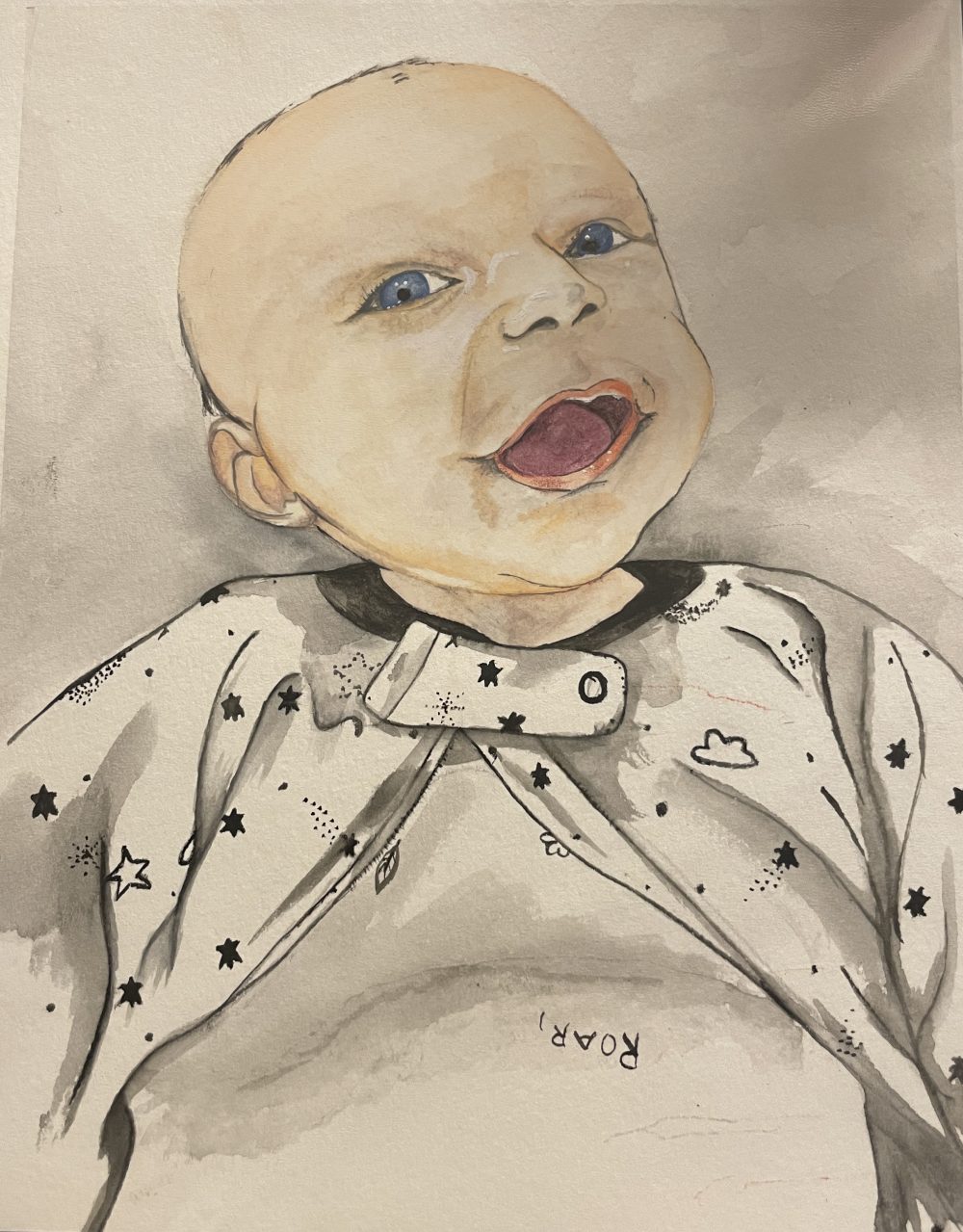 Watercolor portrait of a baby with a blank background.
