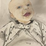 Watercolor portrait of a baby with a blank background.
