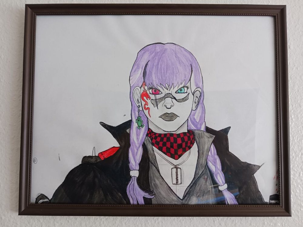 A drawing in water color of a warrior woman in a white foreground.