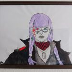 A drawing in water color of a warrior woman in a white foreground.