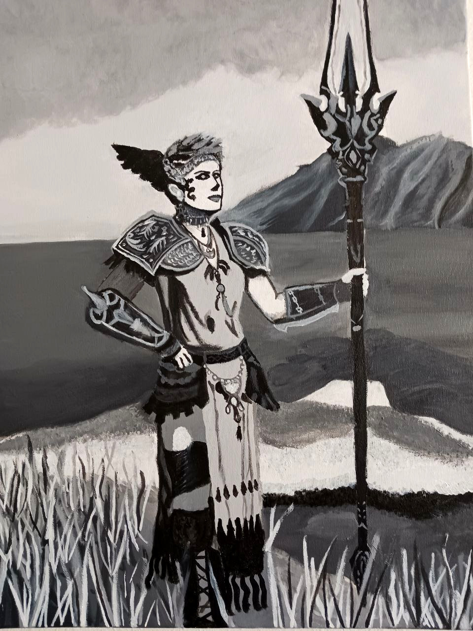 A painting in black in white of a warrior woman in heavy armor, holding a lance, standing on a hill with a ocean and mountain behind her.