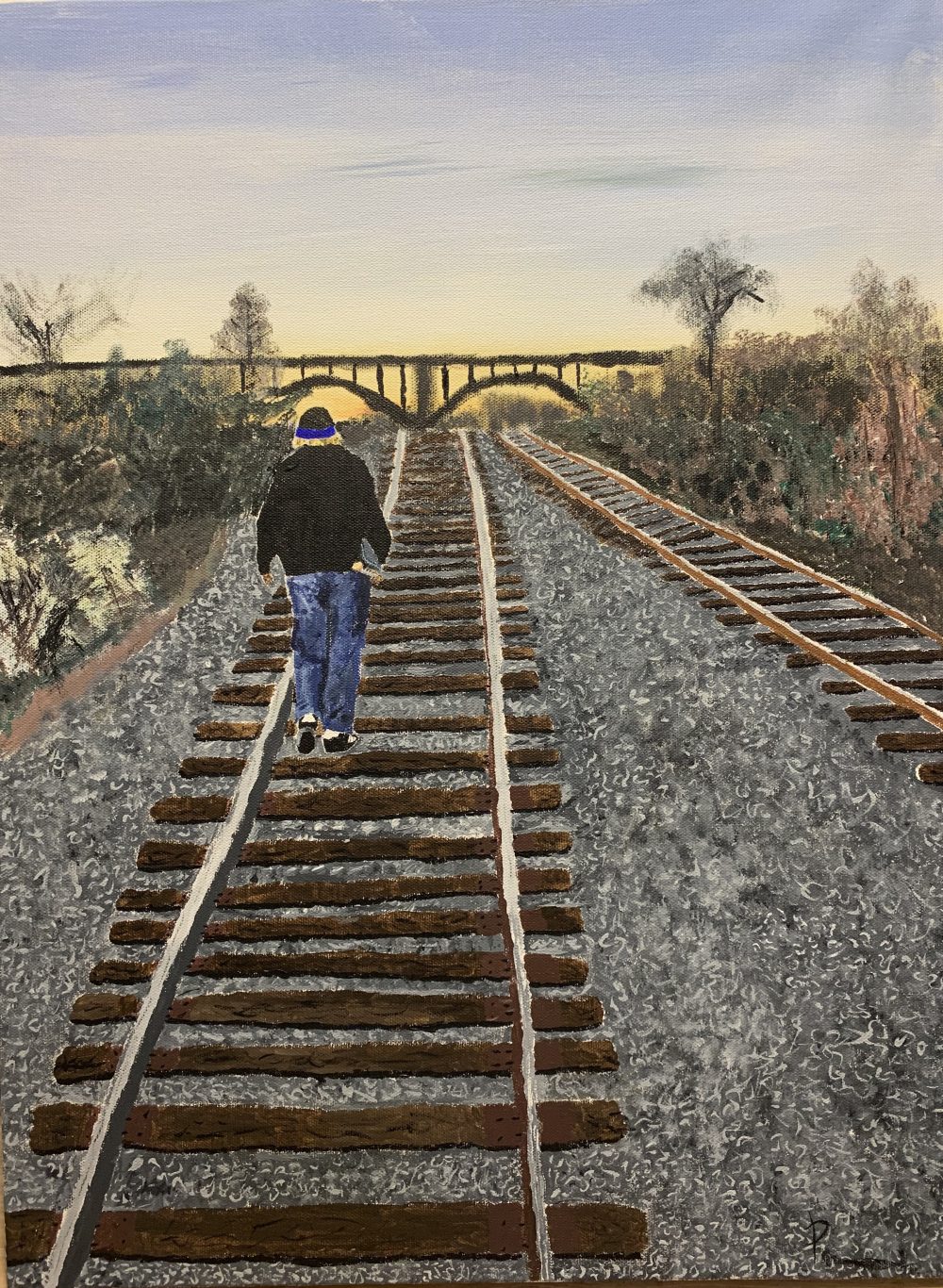 A painting of a young man walking down train tracks holding a skateboard.