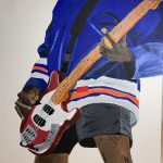 Hands and a red bass guitar. The musician is wearing a blue hockey jersey.