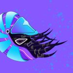 Drawing of a blue nautilus with purple background.