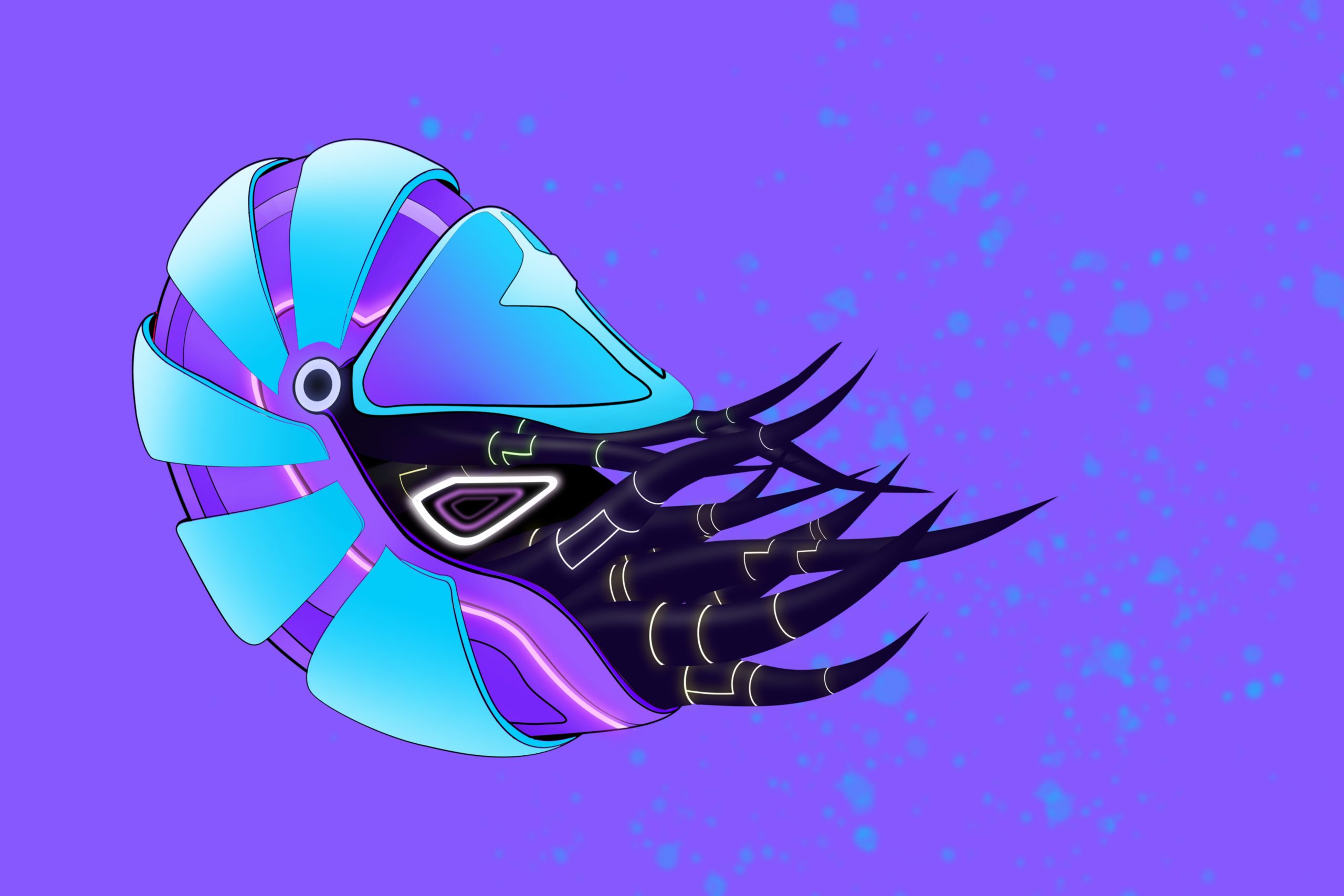 Drawing of a blue nautilus with purple background.