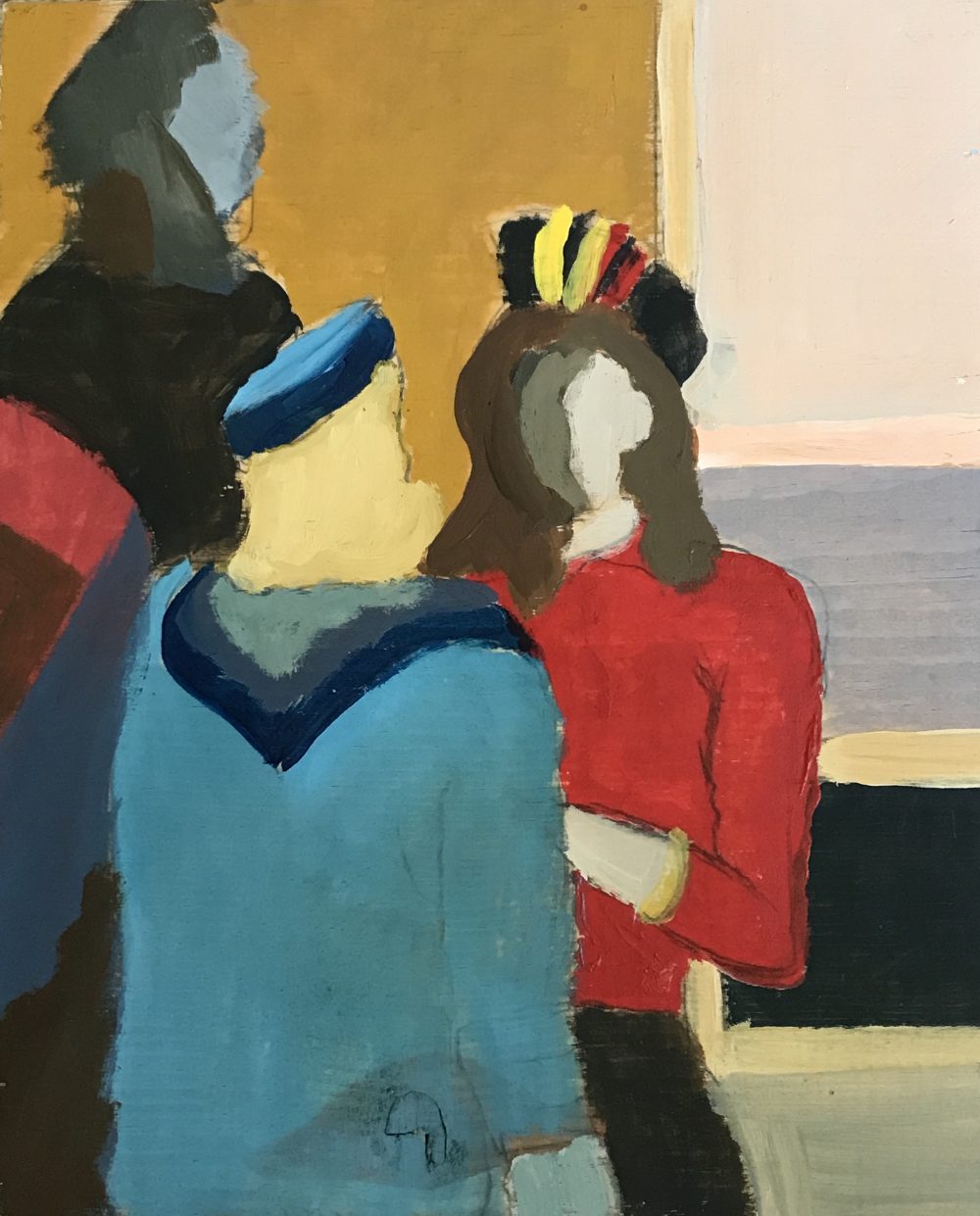 Painting of two women talking, one with her back to the viewers. Painted in a flat style with few details.
