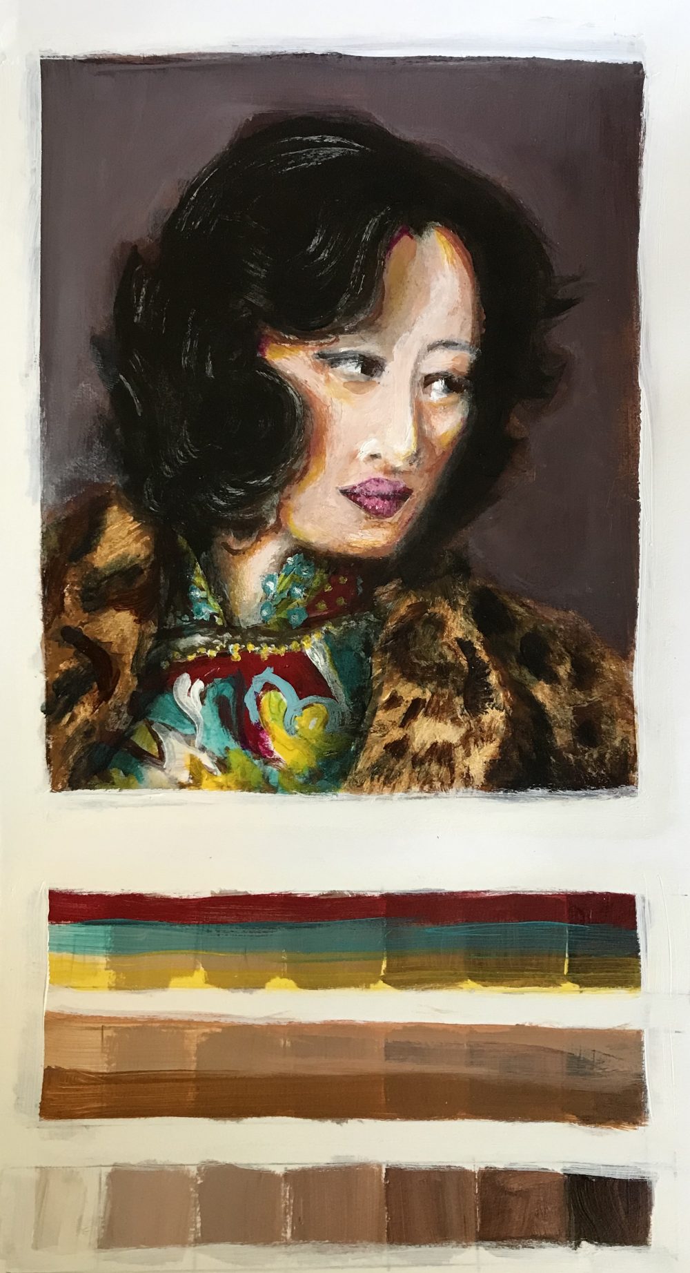 Vivid and luminescent paint application depicting an asian woman, wearing a fur coat and bright shirt, looking off camera.