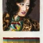 Vivid and luminescent paint application depicting an asian woman, wearing a fur coat and bright shirt, looking off camera.