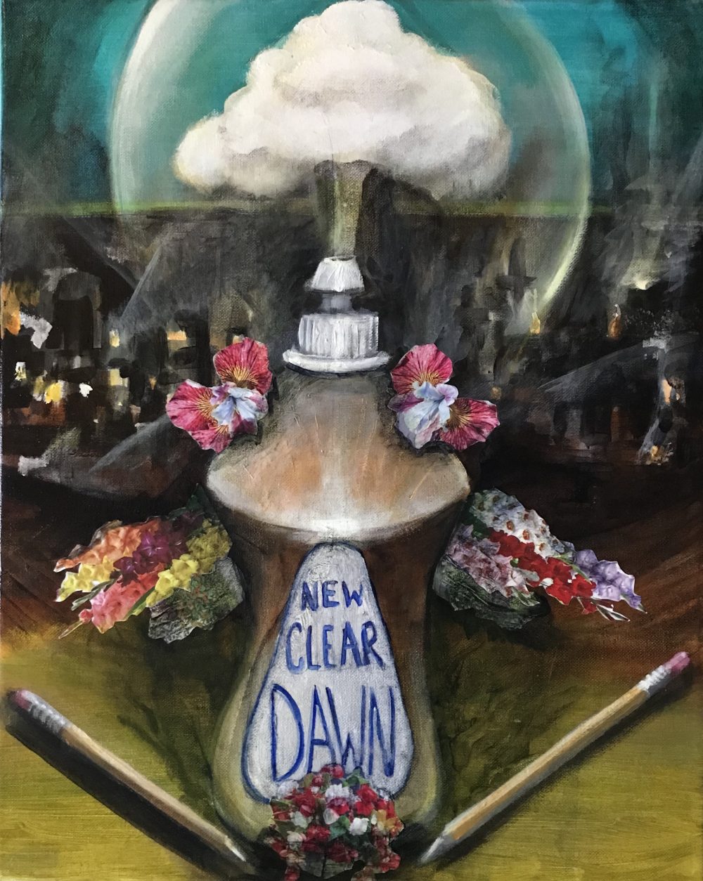 A dark mixed media painting of a bottle of Dawn dish soap in an apocalyptic landscape.