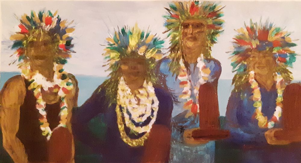 Painting of four women wearing leis. Left to right, Pro Surfers-- Keala Kennelly, Moana Wong Jones, Bethany Hamilton (lost her L arm to a shark attack in 2003), and Bianca Valenti.