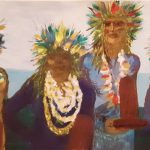 Painting of four women wearing leis. Left to right, Pro Surfers-- Keala Kennelly, Moana Wong Jones, Bethany Hamilton (lost her L arm to a shark attack in 2003), and Bianca Valenti.