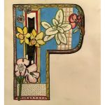There is a large bold capitol "P" in the center of a white piece of paper. Within the "P" there are patterns similar to patterns found in Islamic and Christian and British Isles texts from the Middle Ages. There are also multiple different flowers or plant life drawn within and about the giant "P". There are many colors (Black, yellow, green, red, blue, pink, orange).