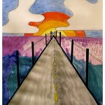 There is a road down the middle of the page going into a horizon about mid way. There are telephone poles that line the road, it seems to be a road through a desert, the road seems to be going into the sun. The clouds are white pastel, the sky is light blue pastel, the black in the outline of the road and the telephone poles in this are micron pen, everything else is watercolor. There is blue, purple, yellow, orange, red as most prominent.