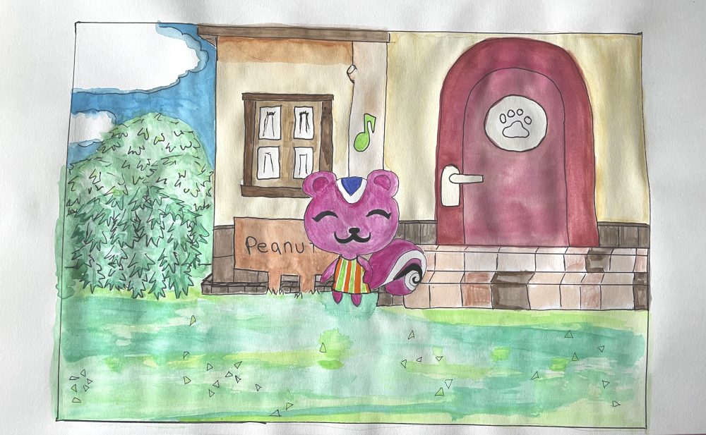 This is the pink squirrel character named Peanut from Animal Crossing on the Nintendo Switch, she is standing in front of her house, the sign in front of the house says "Peanut". She is wearing a green and orange striped dress. There is green grass in the foreground and green trees in the background. The house is a collective of browns. The sky is blue. The door to the house is red. There is a paw print hung wood cookie on the door for decoration.