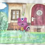 This is the pink squirrel character named Peanut from Animal Crossing on the Nintendo Switch, she is standing in front of her house, the sign in front of the house says "Peanut". She is wearing a green and orange striped dress. There is green grass in the foreground and green trees in the background. The house is a collective of browns. The sky is blue. The door to the house is red. There is a paw print hung wood cookie on the door for decoration.