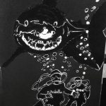 Painting in white of two scooba divers with a great white shark above them with black background.