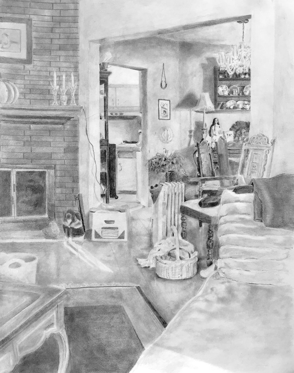 The viewer seems to be on the couch, looking into the house and seeing a living room, dining room, and a kitchen farther in the back.